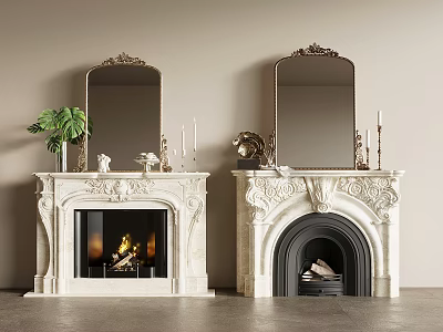 Ornate White Fireplaces With Mirrors Candlesticks Green Plant And Decorative Items 3d model
