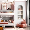 Kids Room Interior Design with Bunk Bed Stairs Pink Gray Walls and Stuffed Toys