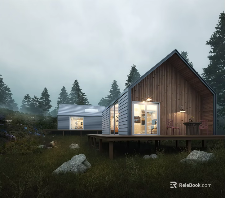 Wooden House in Misty Pine Forest with Large Windows Porch and Warm Lights 3d model 
