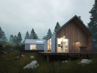Wooden House in Misty Pine Forest with Large Windows Porch and Warm Lights 3d model