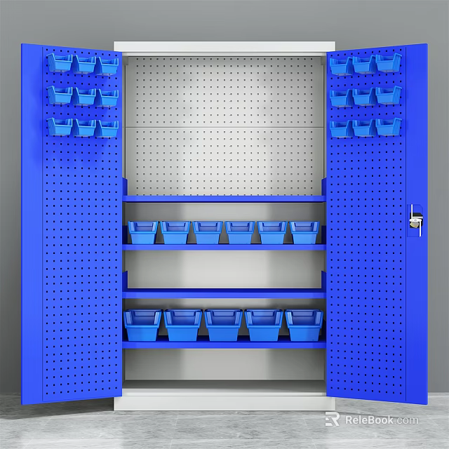 Public Facility Blue Storage Cabinet With Perforated Panels Blue Bins And Metal Pegboard 3d model 
