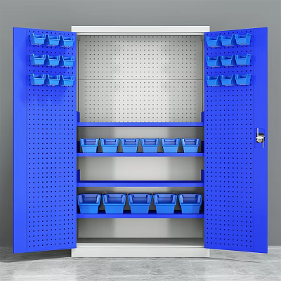 Public Facility Blue Storage Cabinet With Perforated Panels Blue Bins And Metal Pegboard 3d model