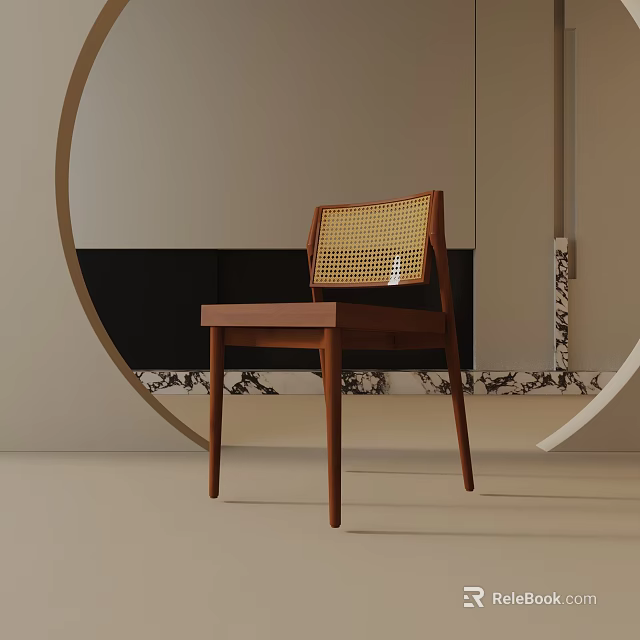 Modern Minimalist Accent Chair With Wooden Frame Rattan Backrest And Marble Details 3d model 