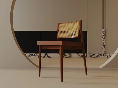 Modern Minimalist Accent Chair With Wooden Frame Rattan Backrest And Marble Details 3d model