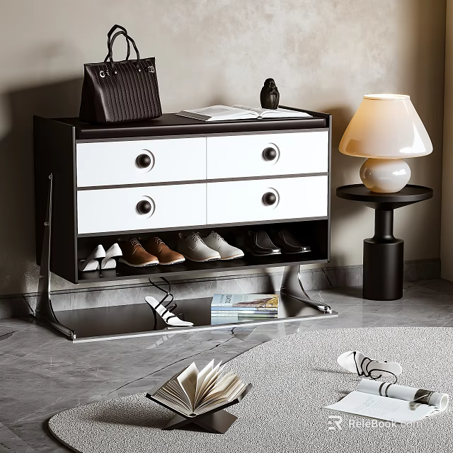 Modern Black and White Shoe Cabinet with Drawers Open Shelves and Metal Frame 3d model 