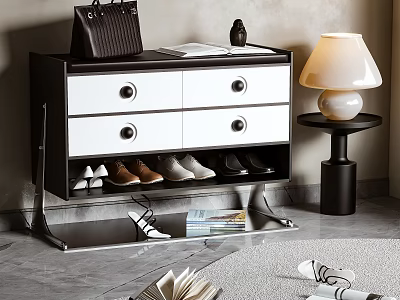 Modern Black and White Shoe Cabinet with Drawers Open Shelves and Metal Frame 3d model