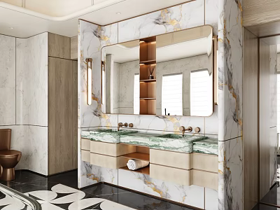 Luxury Modern Bathroom Interior With Gold Veined Marble Walls And Elegant Double Sink Vanity 3d model