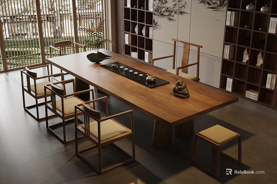 Traditional Chinese Tea Room Interior With Wooden Table Chairs And Tea Sets 3d model 