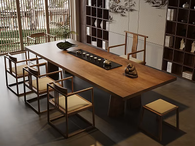 Traditional Chinese Tea Room Interior With Wooden Table Chairs And Tea Sets 3d model