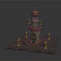 Islamic Style Architectural Model With Tower Green Dome Golden Decorations And Minarets On Stone Base