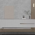 Modern White Striped TV Stand With Wooden Accent And Gray Wall Decor