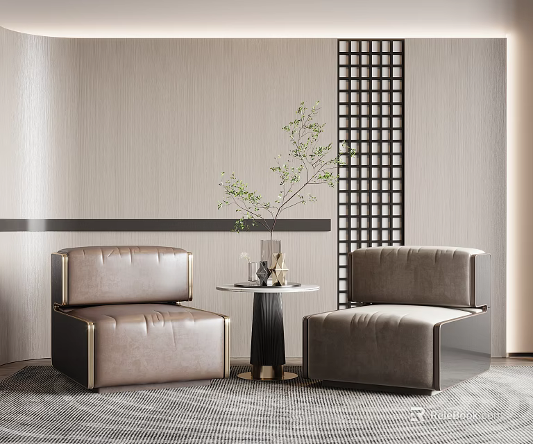 Leisure Sofa Combination With Leather Seats Small Round Table Vase Plant Grid Design Wall Carpet 3d model 