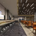 Luxurious Modern Restaurant Interior Design With Marble Pillars And Comfortable Orange Upholstered Dining Chairs