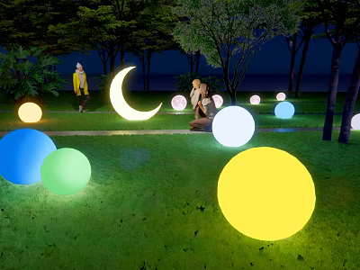 Illuminated Garden Ornaments Featuring Colorful Spheres And Moon Shape On Night Lawn With Trees 3d model