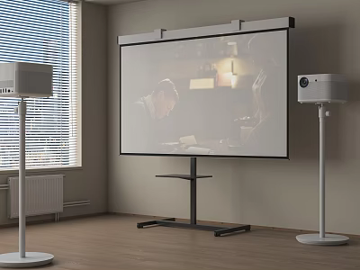 Projection Monitoring System With Large Screen Projector And Floor Stand In Indoor Room 3d model