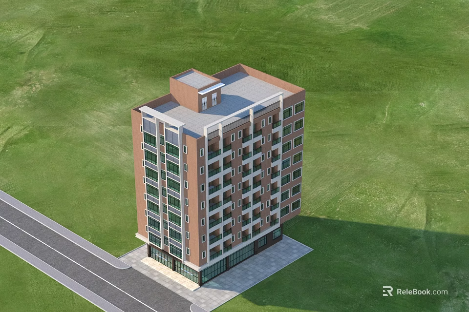 Multi Storey Residential Building With Modern Exterior Multiple Windows And Green Grass Near Road 3d model 