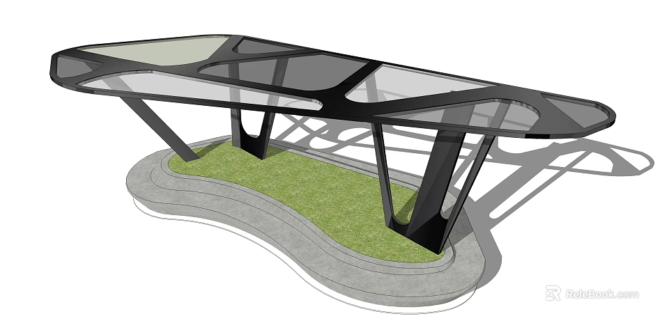Modern Pergola With Black Metal Frame Transparent Glass Roof Green Grass And Gray Curved Base 3d model 