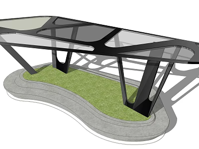 Modern Pergola With Black Metal Frame Transparent Glass Roof Green Grass And Gray Curved Base 3d model