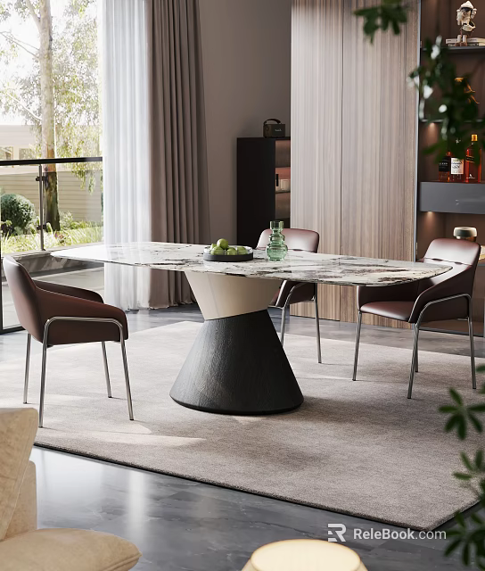 Elegant Modern Dining Table Set With Marble Top And Brown Leather Chairs 3d model 