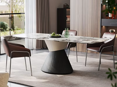 Elegant Modern Dining Table Set With Marble Top And Brown Leather Chairs 3d model