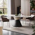 Elegant Modern Dining Table Set With Marble Top And Brown Leather Chairs