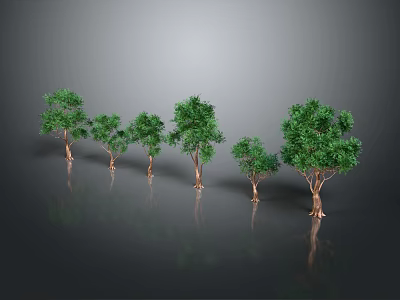 Green Trees of Different Sizes with Brown Trunks on Gray Reflective Ground 3d model