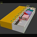 Cartoon Scene With Yellow Area Green Palm Trees Colorful Buildings Red Structure And White Path