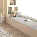 Cozy Beige Window Seat With Chevron Light Gray Pillows Side Table Green Plant White Curtains