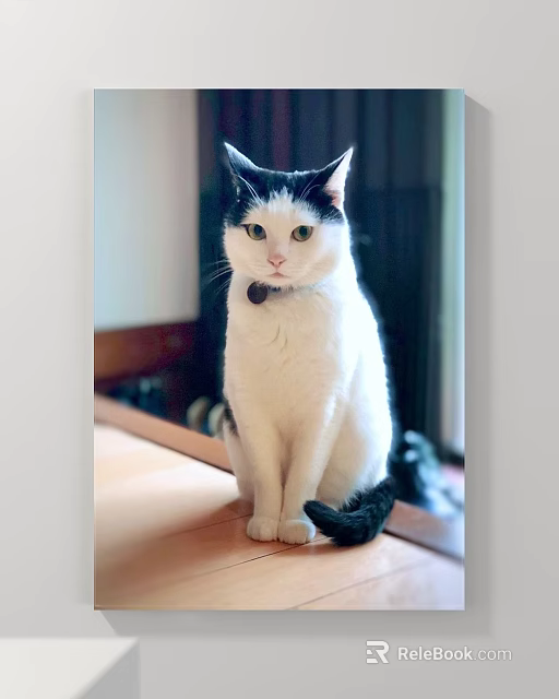 Black and White Cat Animal Painting With Collar On Wooden Surface 3d model 