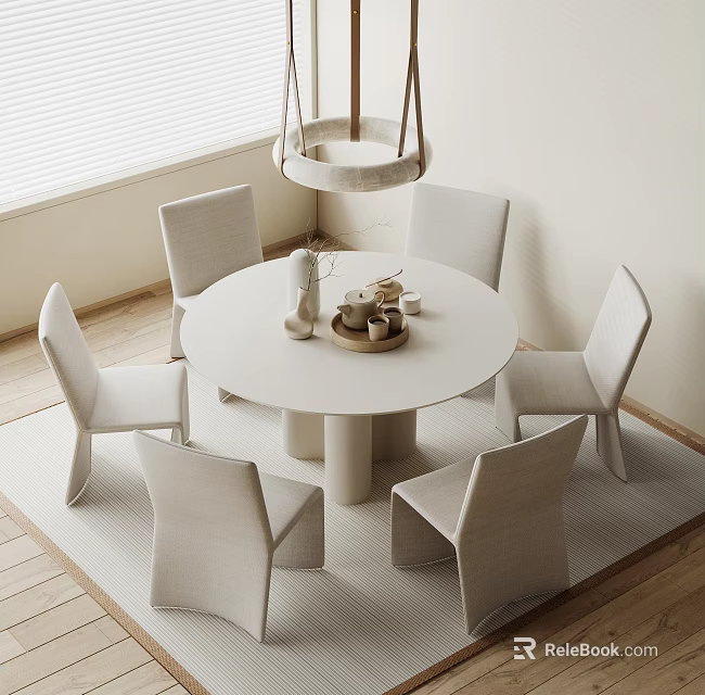 Modern Minimalist Dining Table Set With Round Table Fabric Chairs And Table Decor 3d model