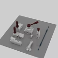 Industrial Equipment Metal Components With Red Handles And Precision Mechanical Parts