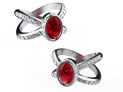 Elegant Silver Crossed Band Rings With Red Gemstone And Diamond Accents 3d model