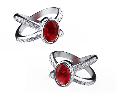 Elegant Silver Crossed Band Rings With Red Gemstone And Diamond Accents 3d model