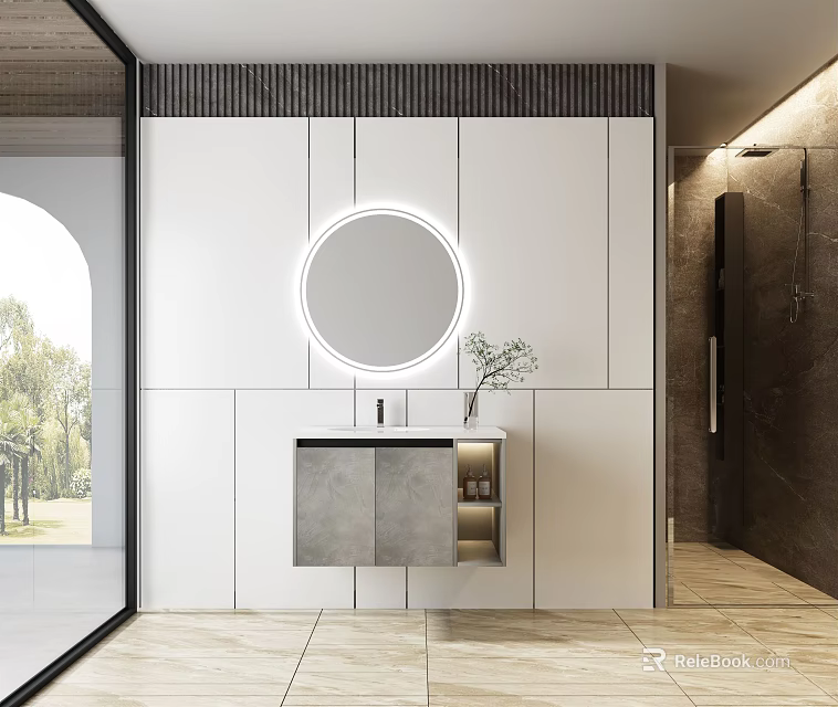 Modern Bathroom Interior With White Cabinets Round Mirror Gray Countertop And Decorative Plant 3d model 