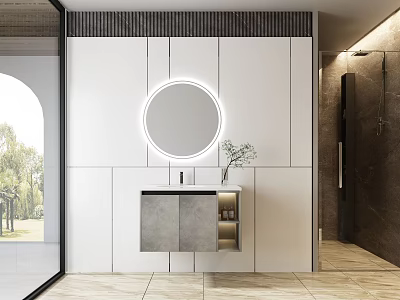 Modern Bathroom Interior With White Cabinets Round Mirror Gray Countertop And Decorative Plant 3d model