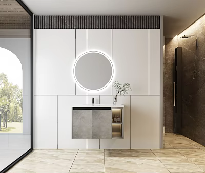 Modern Bathroom Interior With White Cabinets Round Mirror Gray Countertop And Decorative Plant 3d model