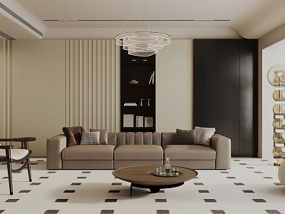 Modern Living Room Interior Design With Beige Sofa Coffee Table And Chandelier 3d model