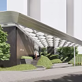 Modern Entrance Gate with Metal Canopy Structure Surrounded by Greenery and Trees