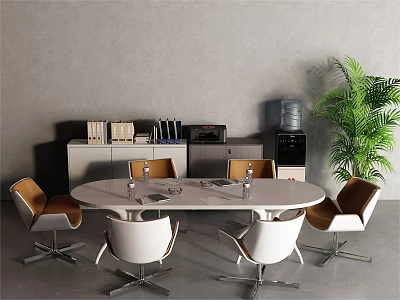 Modern White Oval Conference Table With Leather Chairs Cabinet Documents And Green Plant 3d model
