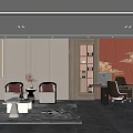 Modern Luxury Office Interior With Sofa Coffee Table Desk Bookshelf And Artwork