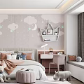 Whimsical Kids Room Interior With Cloud Wallpaper Moon Decor Stuffed Toys And Pink Chair