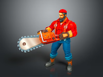 Bearded Man Wearing Red Cap Red Shirt Blue Pants Holding Orange Chainsaw 3d model
