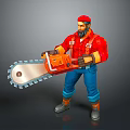 Bearded Man Wearing Red Cap Red Shirt Blue Pants Holding Orange Chainsaw
