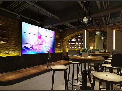 Modern Industrial Bar Interior With Large LED Screen Brick Wall Wine Rack And Round Tables 3d model