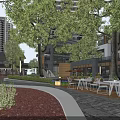 Modern Garden Landscape With Large Trees Outdoor Seating Stone Pathway And Nearby Buildings