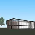 Modern Sales Office Building With Glass Curtain Wall Unique Roof Design And Surrounding Trees