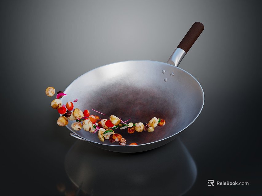 Stainless Steel Wok With Wooden Handle And Fresh Stir Fried Mixed Ingredients 3d model 