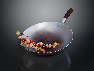 Stainless Steel Wok With Wooden Handle And Fresh Stir Fried Mixed Ingredients 3d model