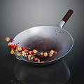 Stainless Steel Wok With Wooden Handle And Fresh Stir Fried Mixed Ingredients