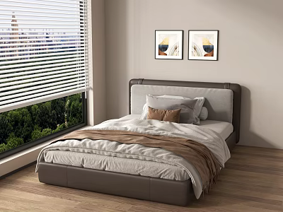 Modern Single Bed Interior With Blinds Window Green View Wall Art And Cozy Bedding 3d model